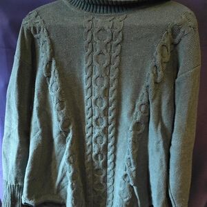 L.L. Bean Green Cable Knit Turtleneck Sweater